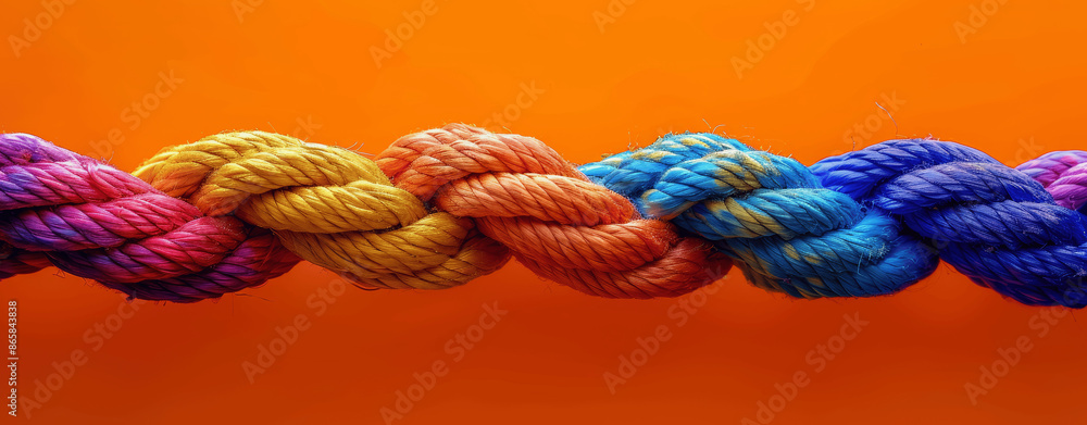 Poster colorful rope symbolizes unity and diversity in teamwork and support, isolated on orange background