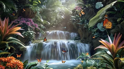 Fototapete A hidden waterfall surrounded by tropical plants and flowers, with butterflies fluttering nearby © UMAR SALAM
