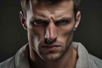 Obraz premium A close-up of a man showing fierce determination, with clenched jaw and focused eyes, on a neutral grey background