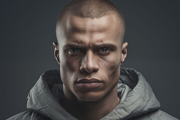 A close-up of a man showing fierce determination, with clenched jaw and focused eyes, on a neutral grey background