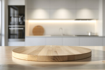 Round tabletop counter in modern kitchen setting. Perfect for mockups and banner ads.