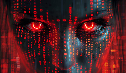 Cyberpunk AI Face with Red Glowing Eyes and Binary Code Background Evil Abstract Digital Technology 3D Render