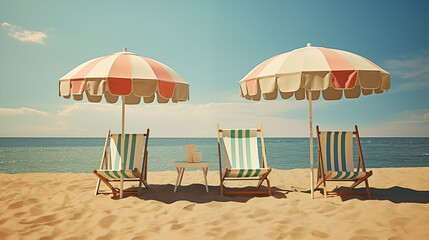 A retro-styled beach scene with vintage umbrellas and classic wooden lounge chairs, capturing the essence of a 1950s summer day