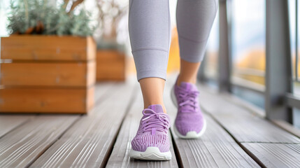 Close-up of a woman walking in stylish purple sneakers on a wooden deck, showcasing active lifestyle and fitness.