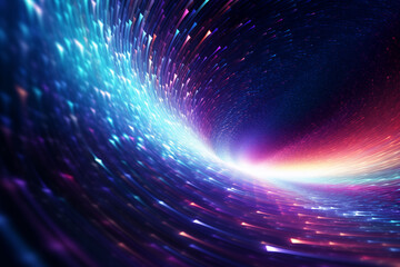 An abstract digital background featuring a vortex of glowing particles and lines, representing a data stream or digital transformation