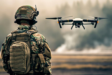 A soldier is in the field, operating drones. . A drone controller and camera visuals on a smartphone. Generative AI