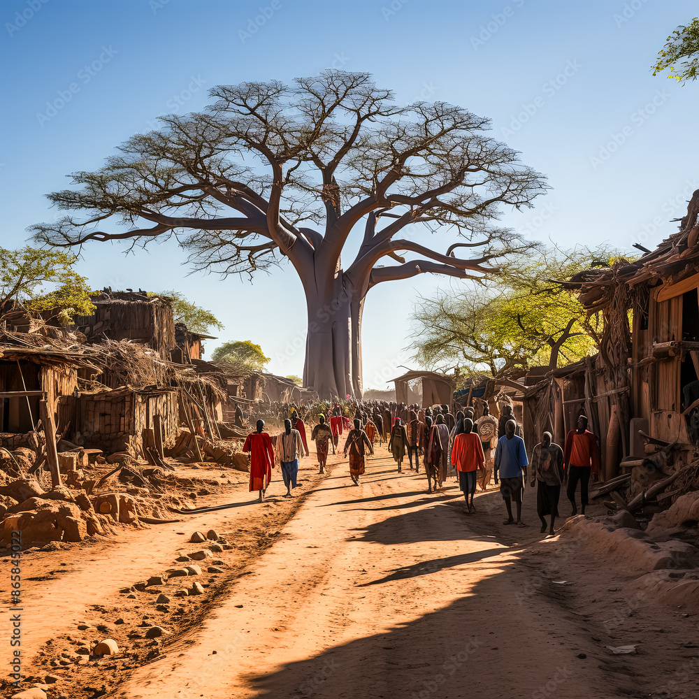 Wall mural A group of people are walking down a dirt road in a village.