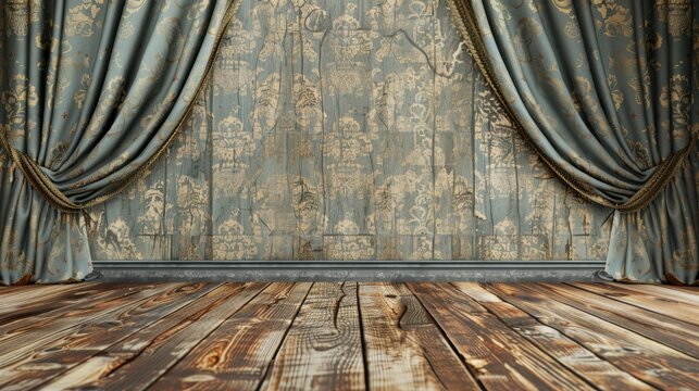 Vintage stage backdrop with ornate patterned walls, velvet curtains, and wooden floor.
