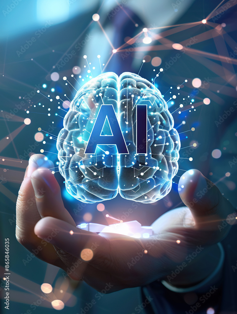 Poster a white robot hand with glowing blue holographic text 