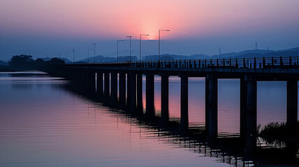 Obraz premium Silhouette of bridge reflects on tranquil waterfront, AI Generative.