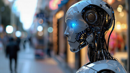 Fototapeta premium A humanoid robot with glowing blue eyes stands on the street, close-up profile of its head and shoulders against the background of an evening cityscape,