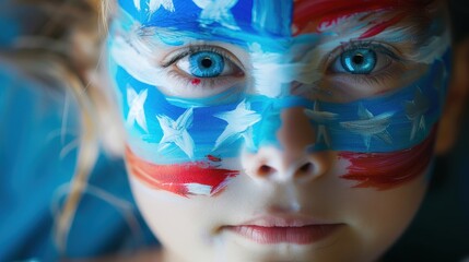 Patriotic Child - Close-up of a Kid's Face Painted with American Flag Colors