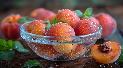 Glass bowl filled with peaches, close-up on a wooden table.