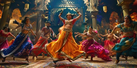 Mesmerizing Bollywood dance scene featuring dancers in vibrant traditional costumes amidst ornate decor. AIG58
