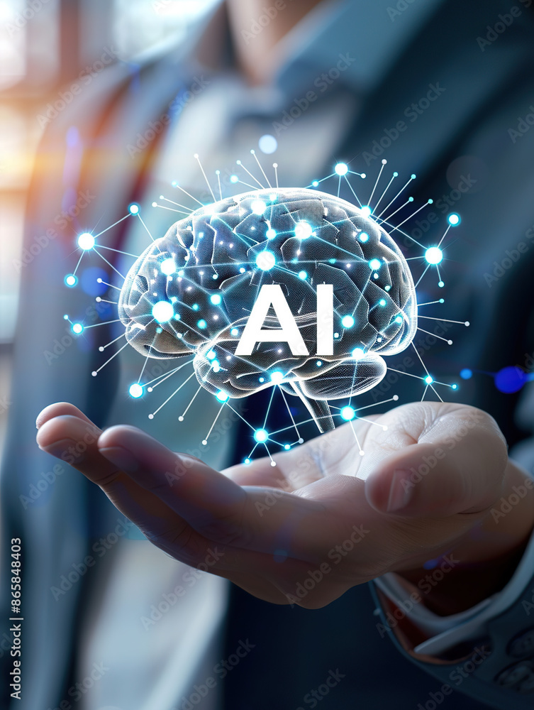 Poster a white robot hand with glowing blue holographic text 
