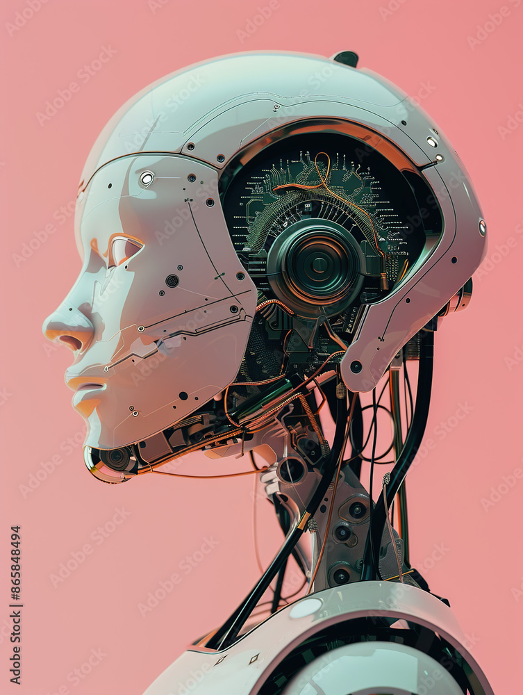 Poster a profile of an ai robot head with circuitry visible against a pink background in a photo realistic 