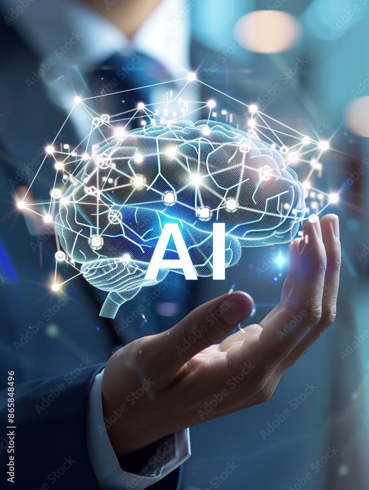 Poster a white robot hand with glowing blue holographic text 