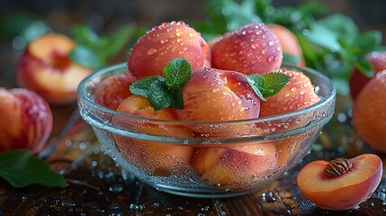 Wooden table with a close-up of peaches in a glass bowl.