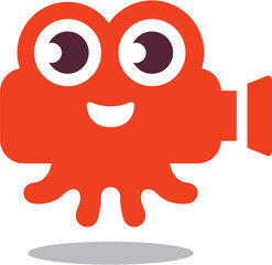A happy smiling cartoonish red octopus with a camera lens on its head