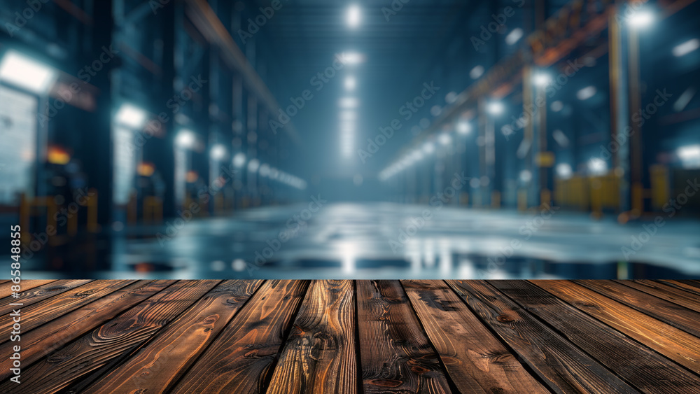 Poster empty wood table top with blur background of warehouse of factory. the table giving copy space for p