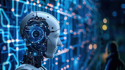 The AI robot looks at the smart screen