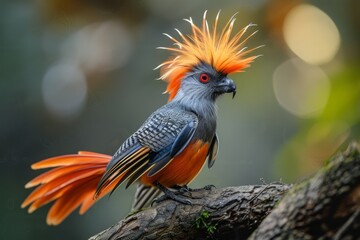 Strange colorful bird with a long tail and fluffy feathers.