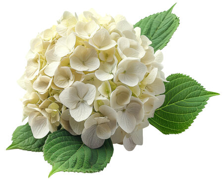 Close-up of a beautiful white hydrangea flower bouquet with lush green leaves, isolated on a white background.