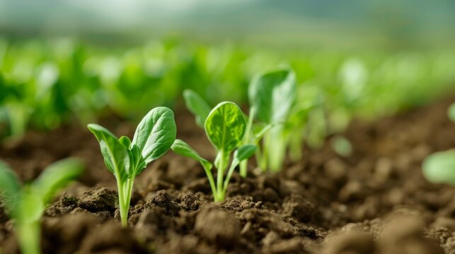 Close-up of young green seedlings sprouting from fertile soil in a garden or farm, symbolizing growth and new beginnings.
