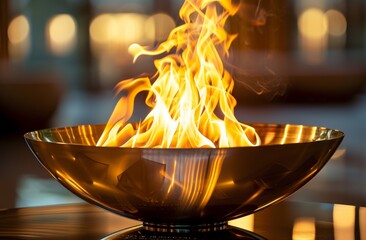 The Olympic flame in an elegant metal bowl.