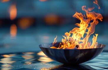 The Olympic flame in an elegant metal bowl.