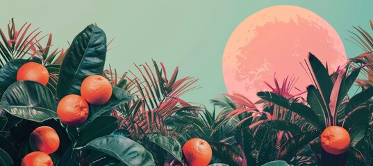 Modern background with tropical plants and oranges.