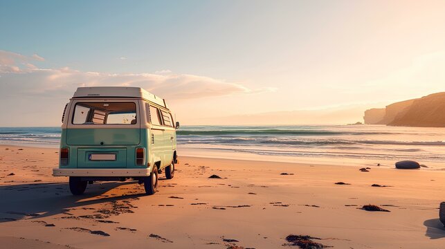 A vintage camper van parked on a deserted beach at sunset, with warm light illuminating the turquoise ocean waves and casting long shadows on the sandy shore