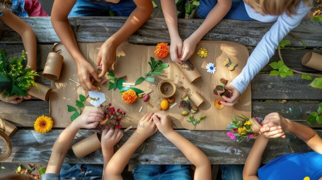 Top view of kids engaging in outdoor arts and crafts, creating nature-inspired projects at a wooden table. AIG53M