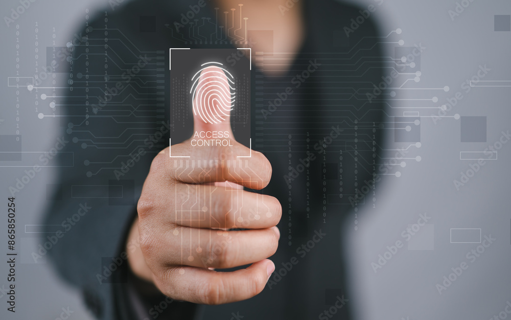 Aufkleber Biometric cyber security system and access control concept. Businessman access security personal financial data on scan fingerprint identification, Cybersecurity and privacy to protect data.