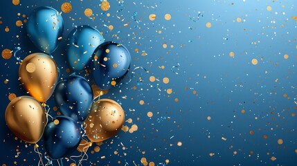 Festive celebration with gold and blue balloons and confetti on a blue background. Perfect for birthdays, anniversaries, or any joyous occasion.