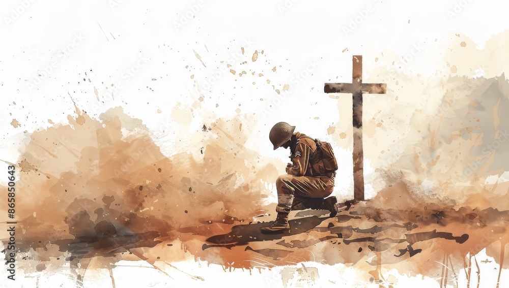 Poster soldier praying in front of a cross.