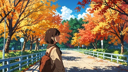 lofi aesthetic anime female adult in autumn background