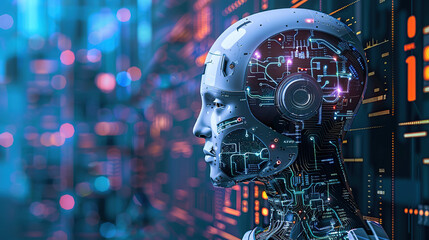 Fototapeta premium The AI robot looks at the smart screen
