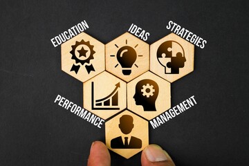 hexagon with icons and words performance, management, education, ideas and strategy. the concept of...
