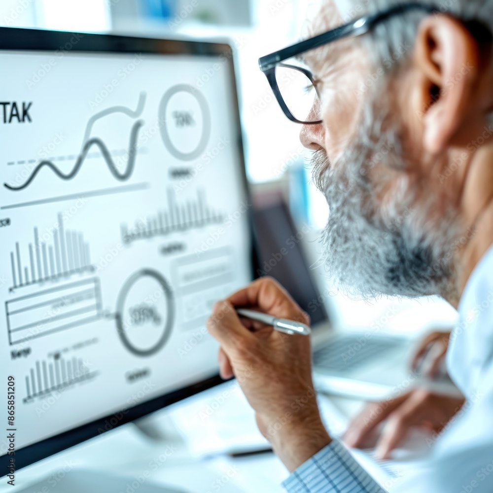 Poster businessman analyzing data on computer screen, reviewing graphs and charts in modern office. researc