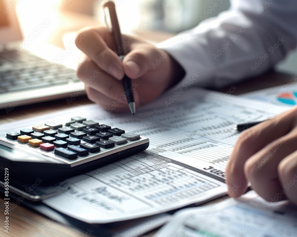 Poster businessman calculating financial data with a calculator and writing on a document. office work, fin