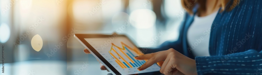 Poster close up of person using tablet to analyze business data with a graph, focusing on hand and technolo