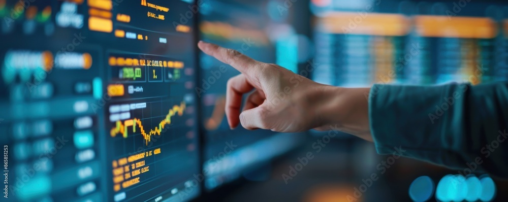 Aufkleber close-up of a hand pointing at a digital stock market chart on a screen, analyzing data and trends f