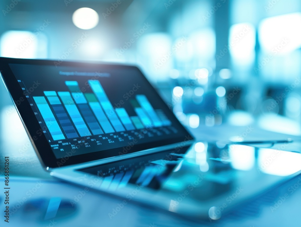Poster close-up of a laptop screen displaying a bar graph with financial data in a modern office setting. b