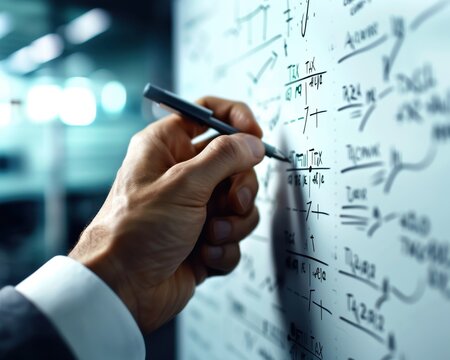 Close-up of a hand writing complex mathematical formulas on a whiteboard in a bright, professional office environment.