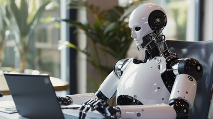 A humanoid robot sitting in an office chair, working on a laptop computer at a desk with a modern interior design