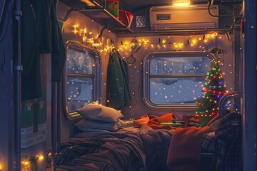 A train compartment decorated with festive lights and cozy blankets, cozy vibe, Generative AI