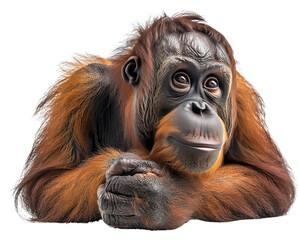 Close-up of an orangutan lying down, showcasing its expressive face and detailed fur isolated on white background.