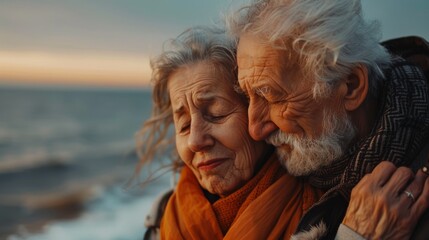 Golden Years Together: Happy Pensioner Couple Embracing on the Beach
