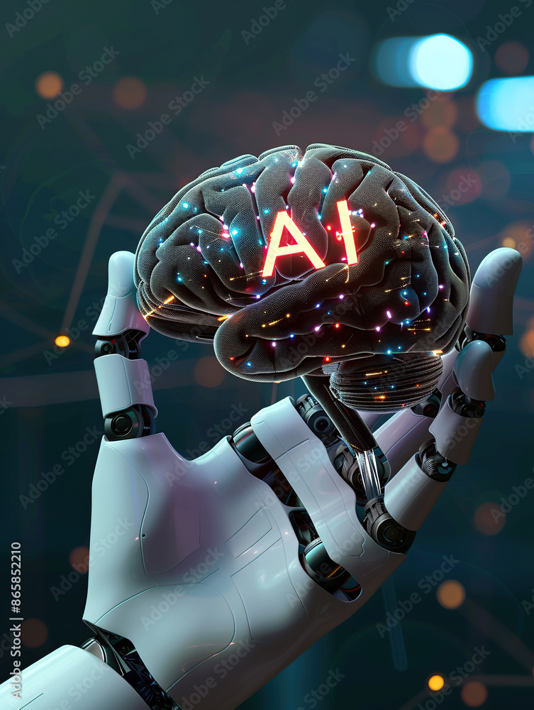 Poster a white robot hand with glowing blue holographic text 